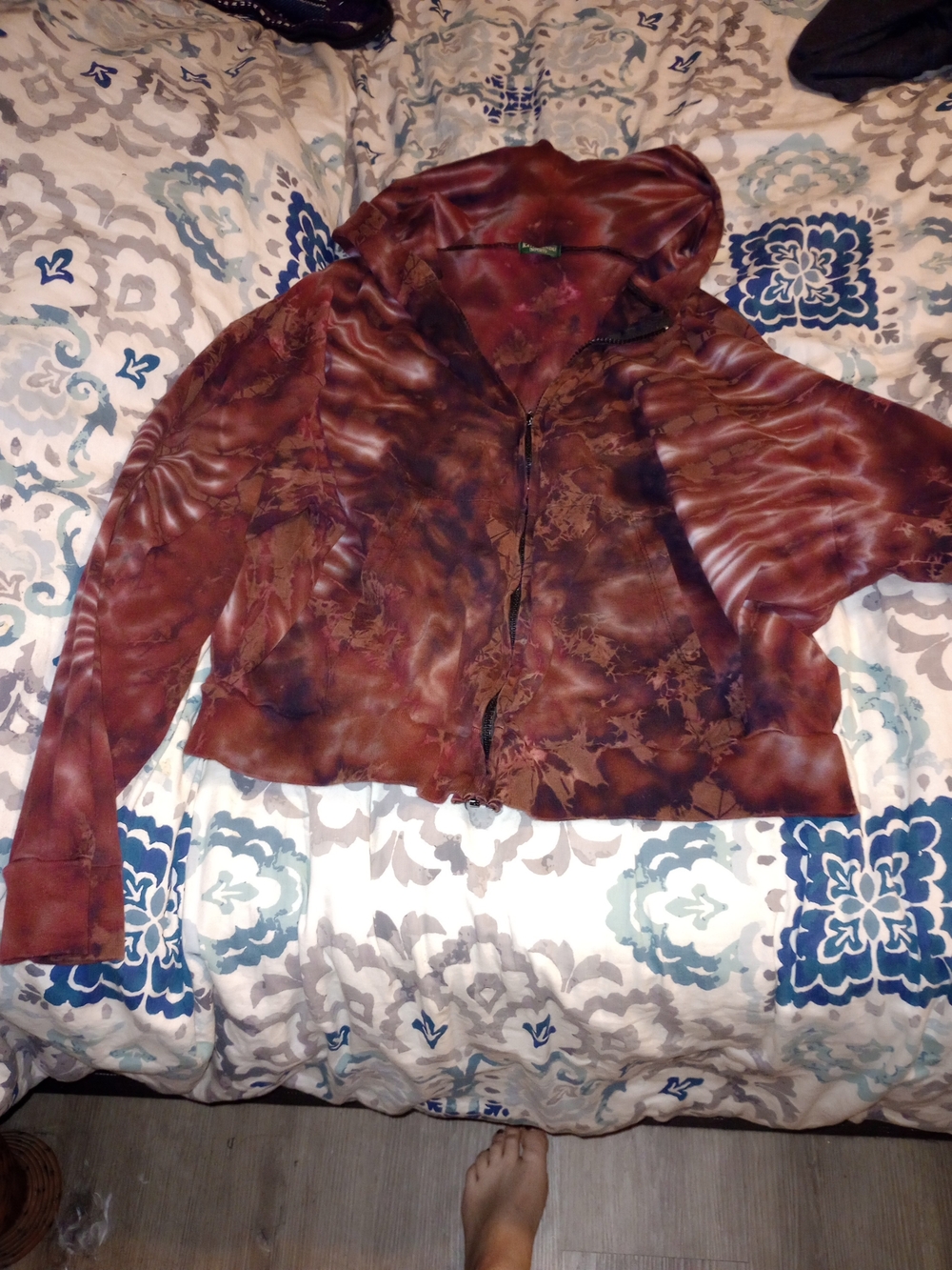 Kathmandu Rust Brown And Maroon Tie-Dye Hoodie, Cropped And Thin